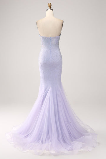 Sirena Lila Novia Palabra de Honor Vestido Largo De Fiesta Con Cuentas